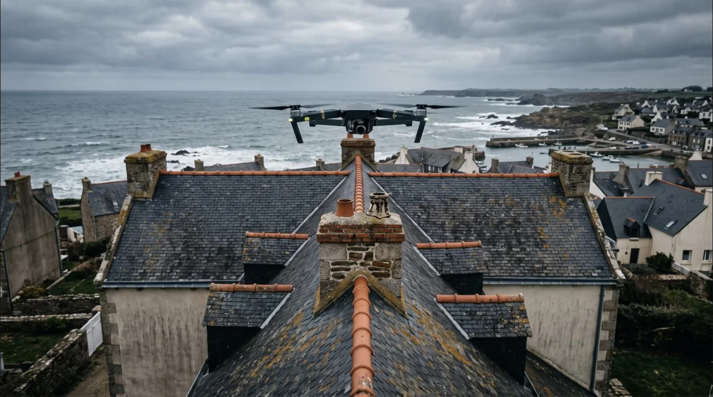 Drone en vol stationnaire au-dessus des toits d'ardoise d'une maison côtière — illustration générée pour ce site