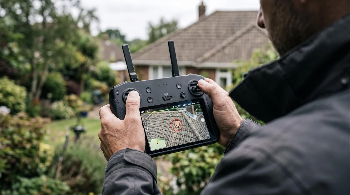 Radiocommande de drone avec retour vidéo montrant une tuile déplacée repérée sur un toit — illustration générée pour ce site