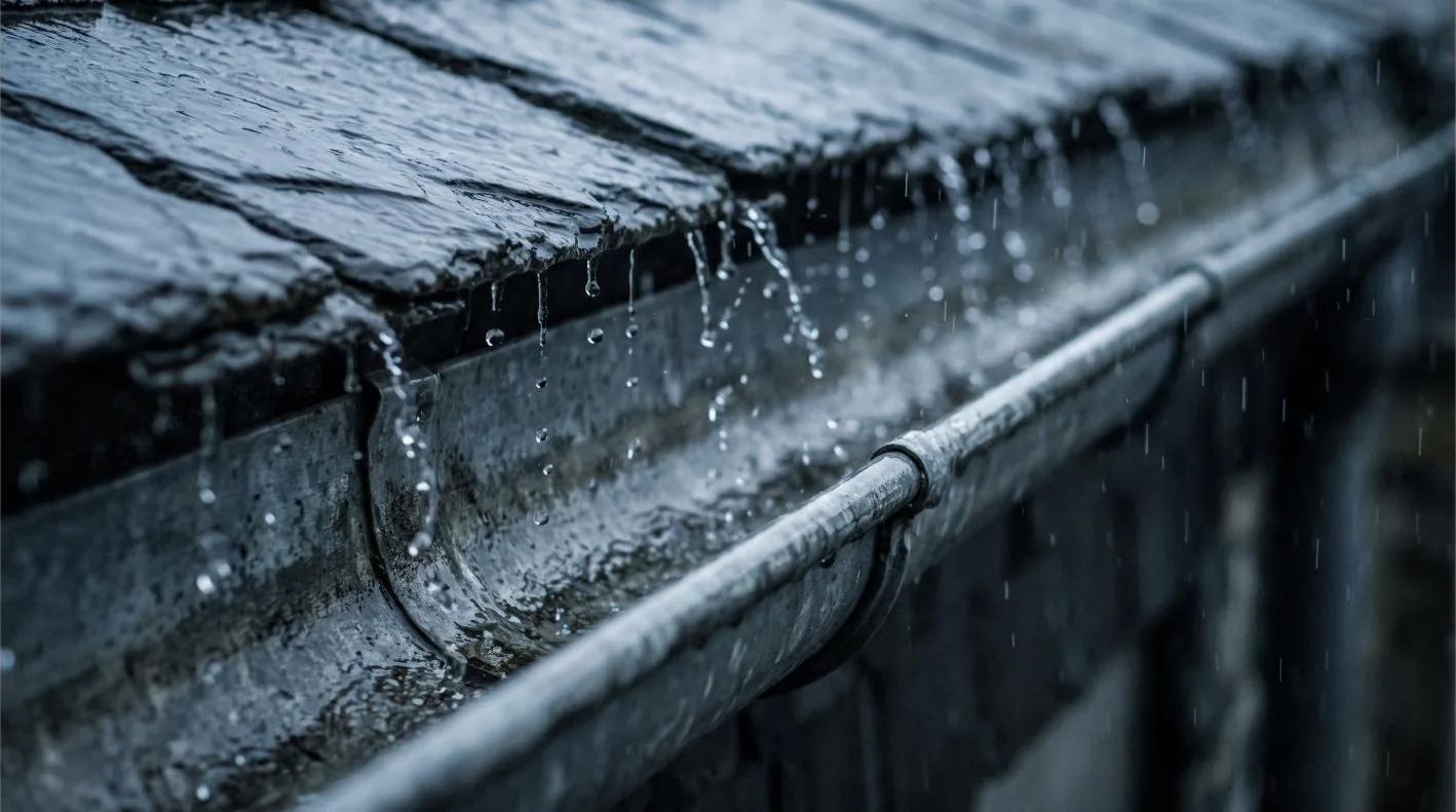 Eau de pluie coulant d'un toit d'ardoise dans une gouttière zinc — illustration générée pour ce site