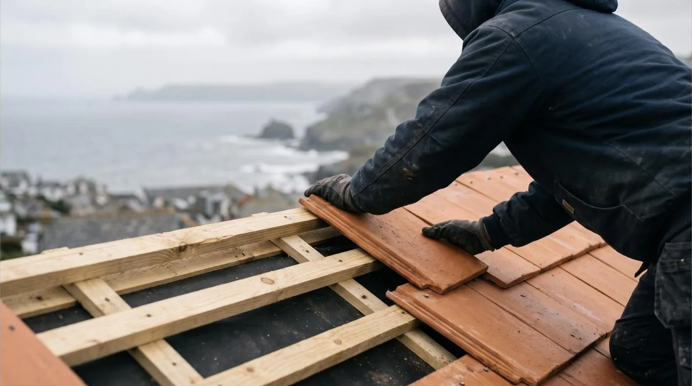Mains gantées posant une tuile sur liteaux neufs face à la mer — illustration générée pour ce site