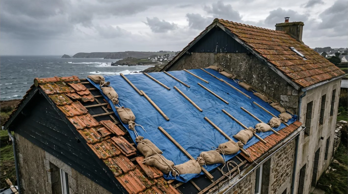 Toiture bâchée et lestée après une tempête, tuiles déplacées, côte en arrière-plan — illustration générée pour ce site